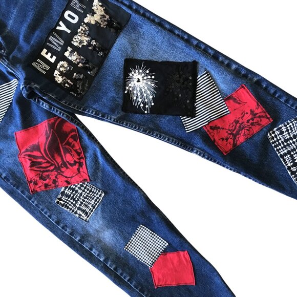 Patchwork Jeans for Women, Size 6: Upcycled New York Theme Sequined Denim Pants - Picture 8 of 11